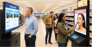 Modern retail store with digital signage and a shopper using an interactive kiosk